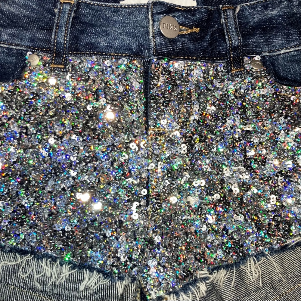 Victoria’s Secret Pink Denim Rainbow Silver Sequin Dark Blue Jean Shorts 0 RARE - Picture 6 of 8
